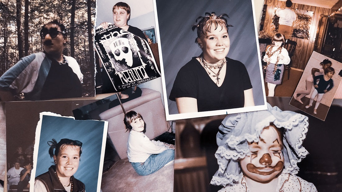 A collage of photos, of a young woman, in different stages of youth, engaging in various artful activities. She can be seen in clown make up and masks, showing off a performance poster, in ballet leotards, playing music and wearing several necklaces. 